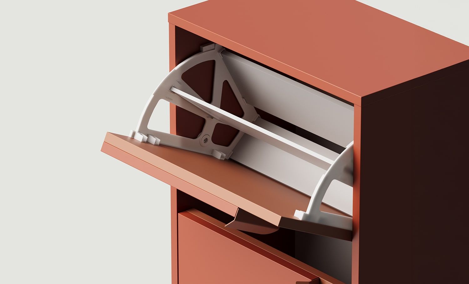 LAYERS LAY35 Klapp-Schuhschrank
Farbe: Fiery Terracotta
Farbe der zweiten Schicht der Front: Sahara Deep
Griff: LAYERS Griff 110 Fire Terracotta