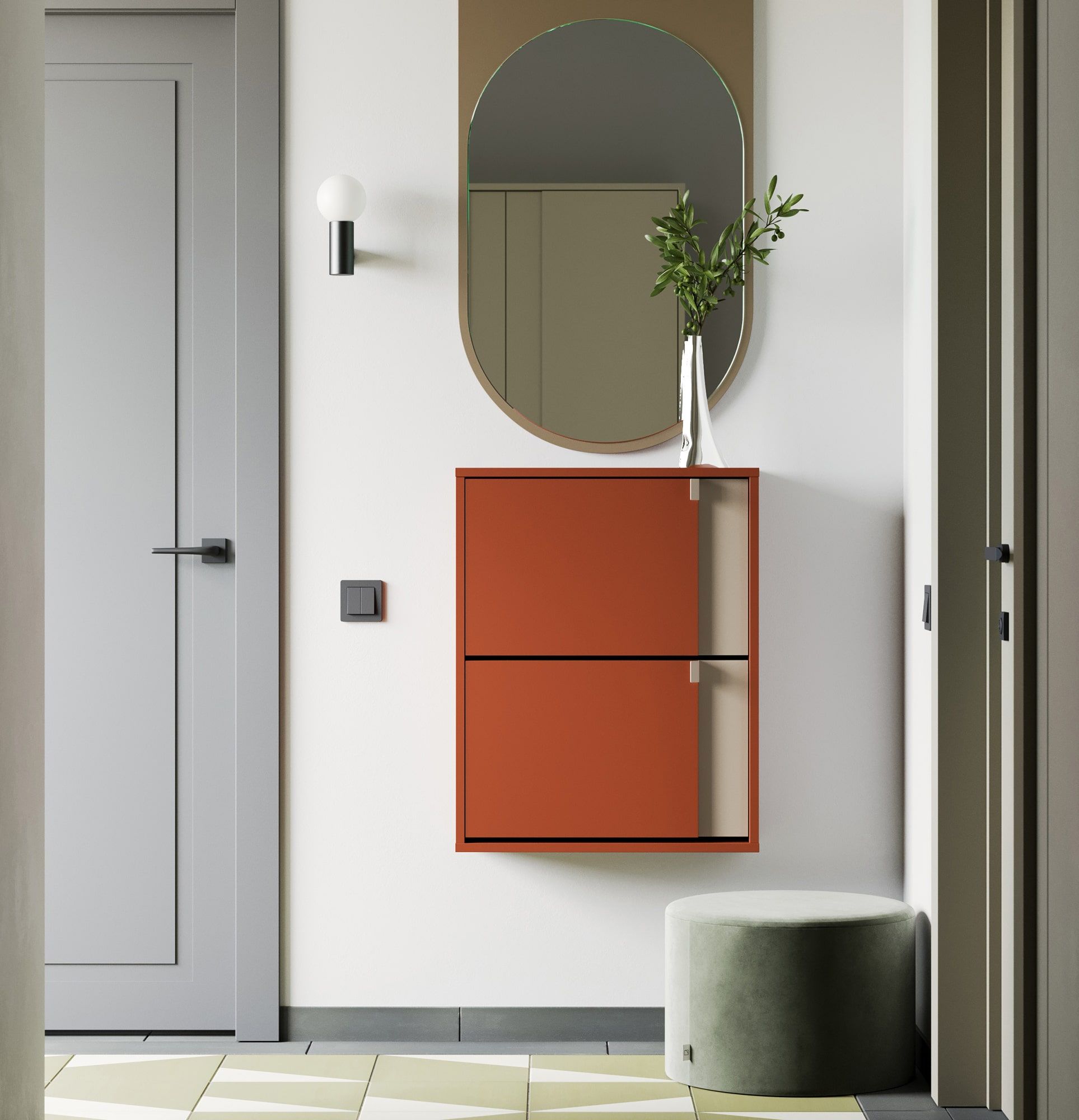 LAYERS Klapp-Schuhschrank LAY36
Farbe: Fiery Terracotta
Farbe der zweiten Schicht der Front: Cappuccino
Griff: LAYERS 42 Cappuccino