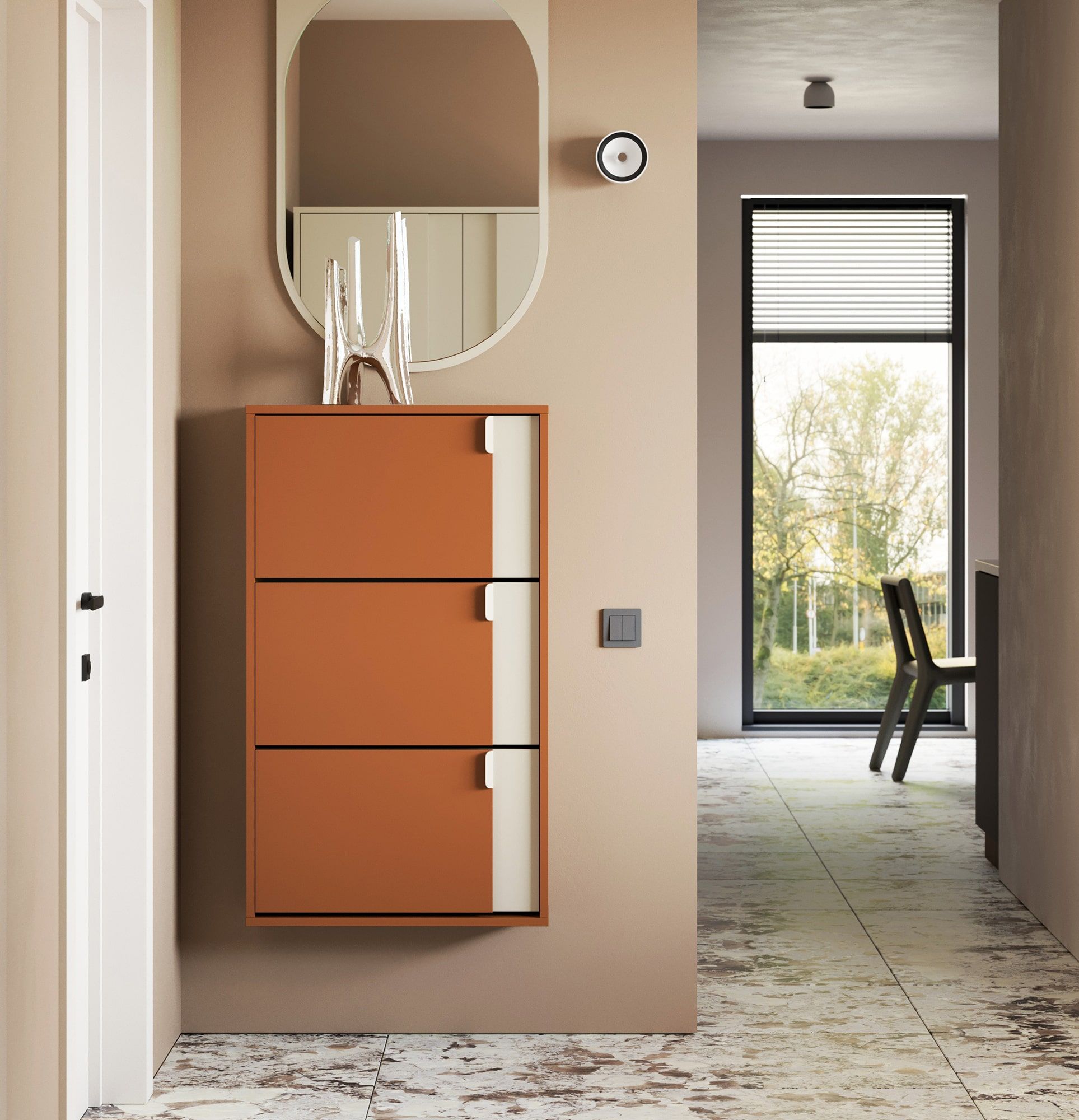 LAYERS Klapp-Schuhschrank LAY38
Farbe: Sahara Deep
Farbe der zweiten Schicht der Front: Champagne Beige
Griff: LAYERS 110 Porzellanweiß