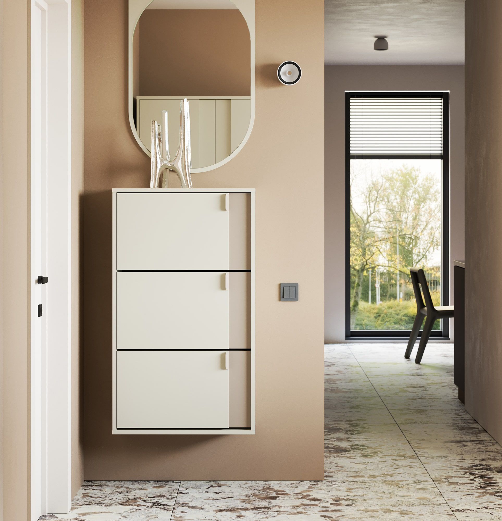 LAYERS Klapp-Schuhschrank LAY39
Farbe: Milky Way
Farbe der Front: Cappuccino
Griff: LAYERS 110 Cappuccino