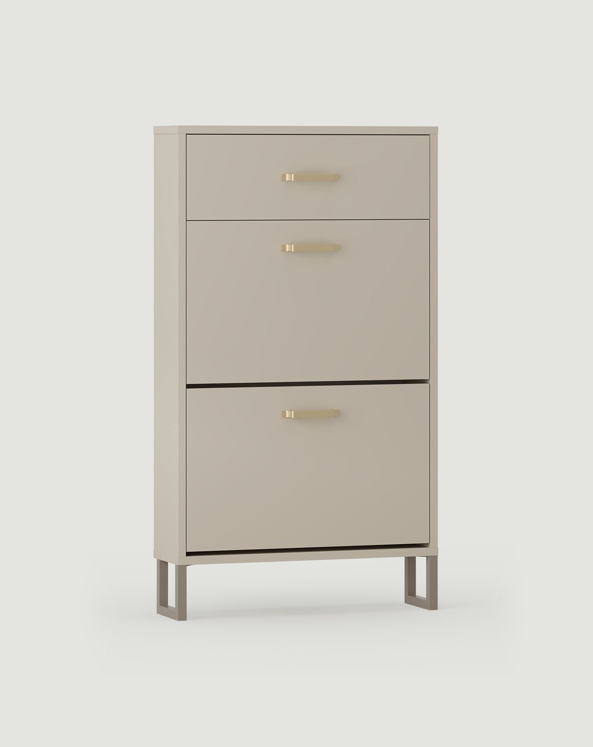 ODIS SBK4O Klapp-Schuhschrank
Farbe: Champagner Beige
Farbe der Beine: ODIS Steel Grey Beige
Griff: JORD Gold JZ