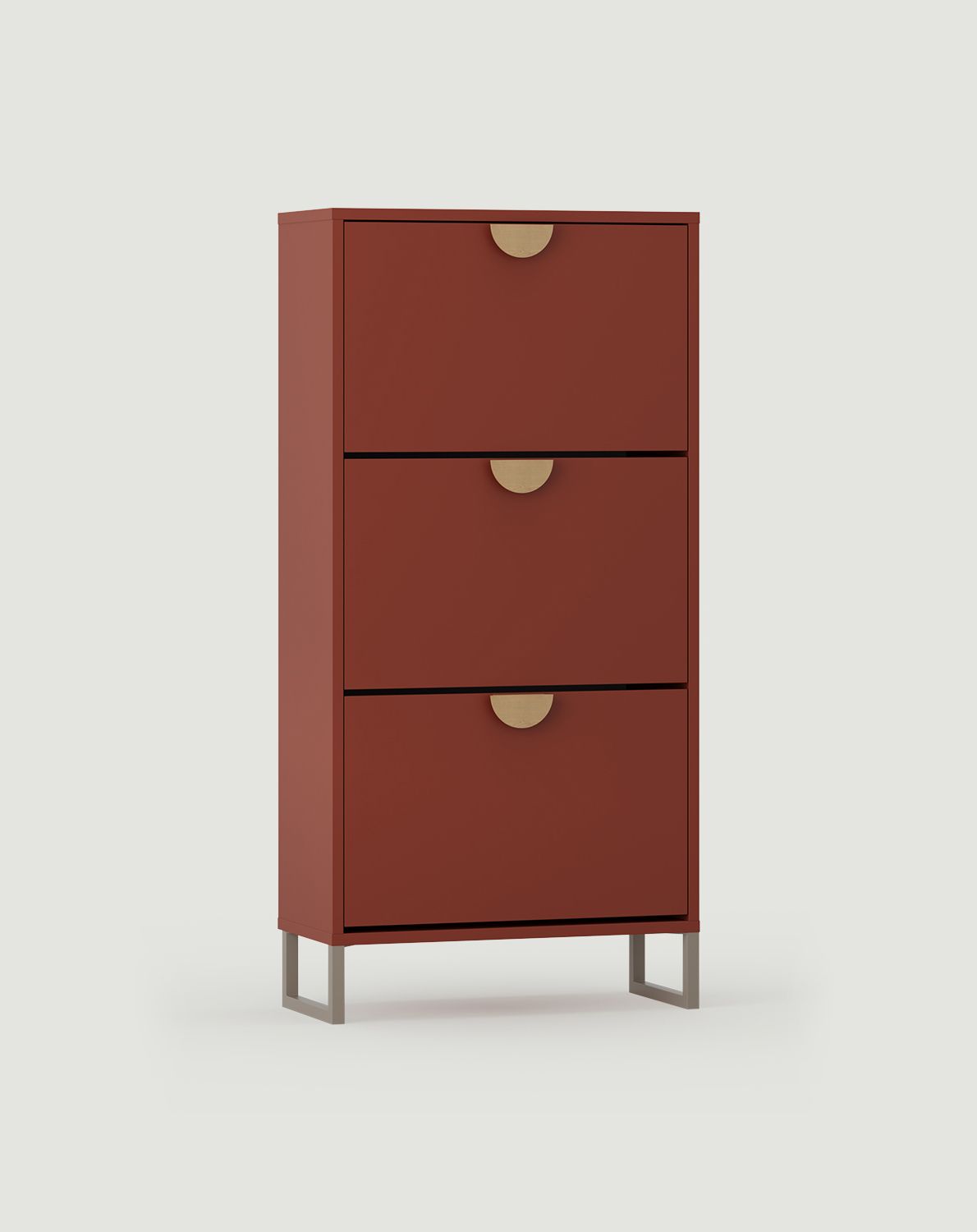ODIS SBK6DO Klapp-Schuhschrank
Farbe: Fiery Terracotta
Farbe der Beine: ODIS Steel Grey Beige
Griff: RIND Eichenholzgriff