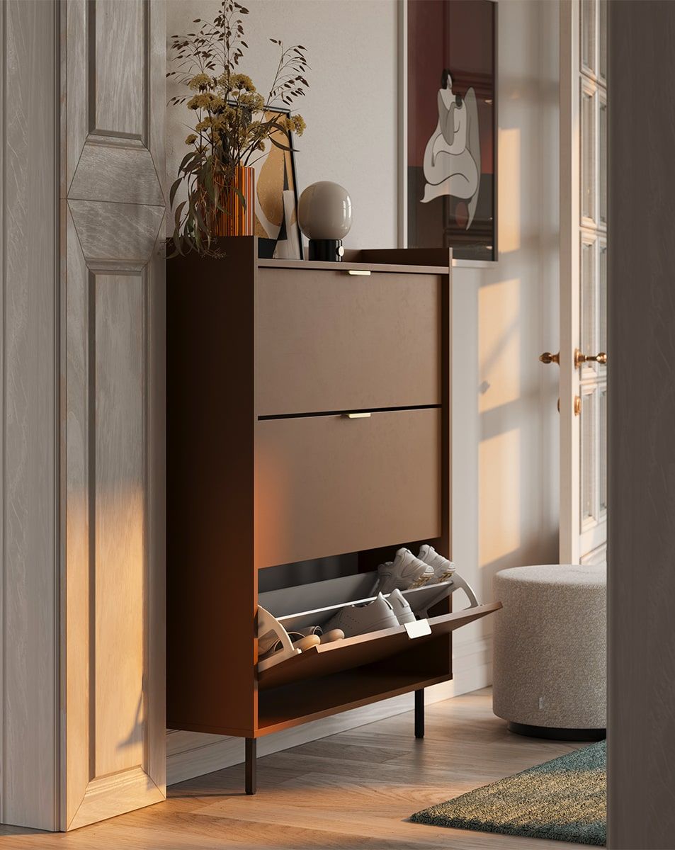 SIGI SBKS2D Klapp-Schuhschrank
Farbe: Feuriges Terrakotta
Bein: Schwarz
Griff: LING Gold