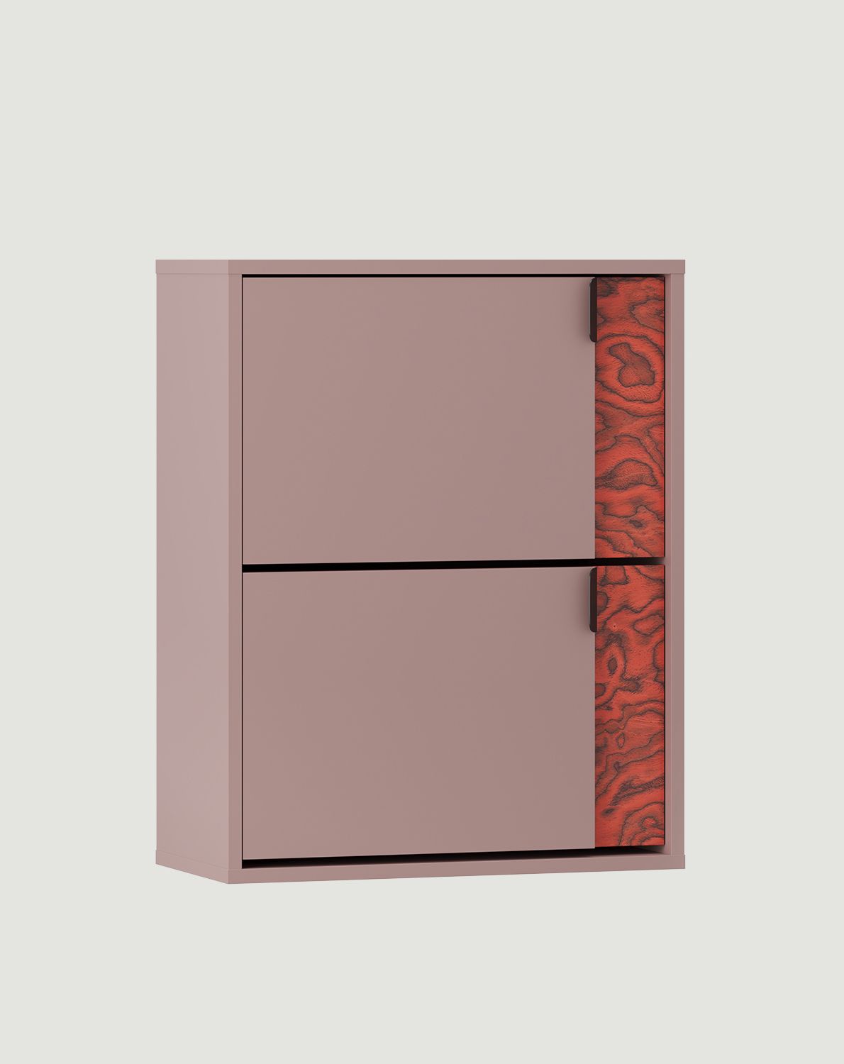 LAYERS Klapp-Schuhschrank LAY37
Farbe: Antique Rose
Frontfarbe: Sottsass Rotes Furnier
Griff: LAYERS 110 Schwarzer Onyx