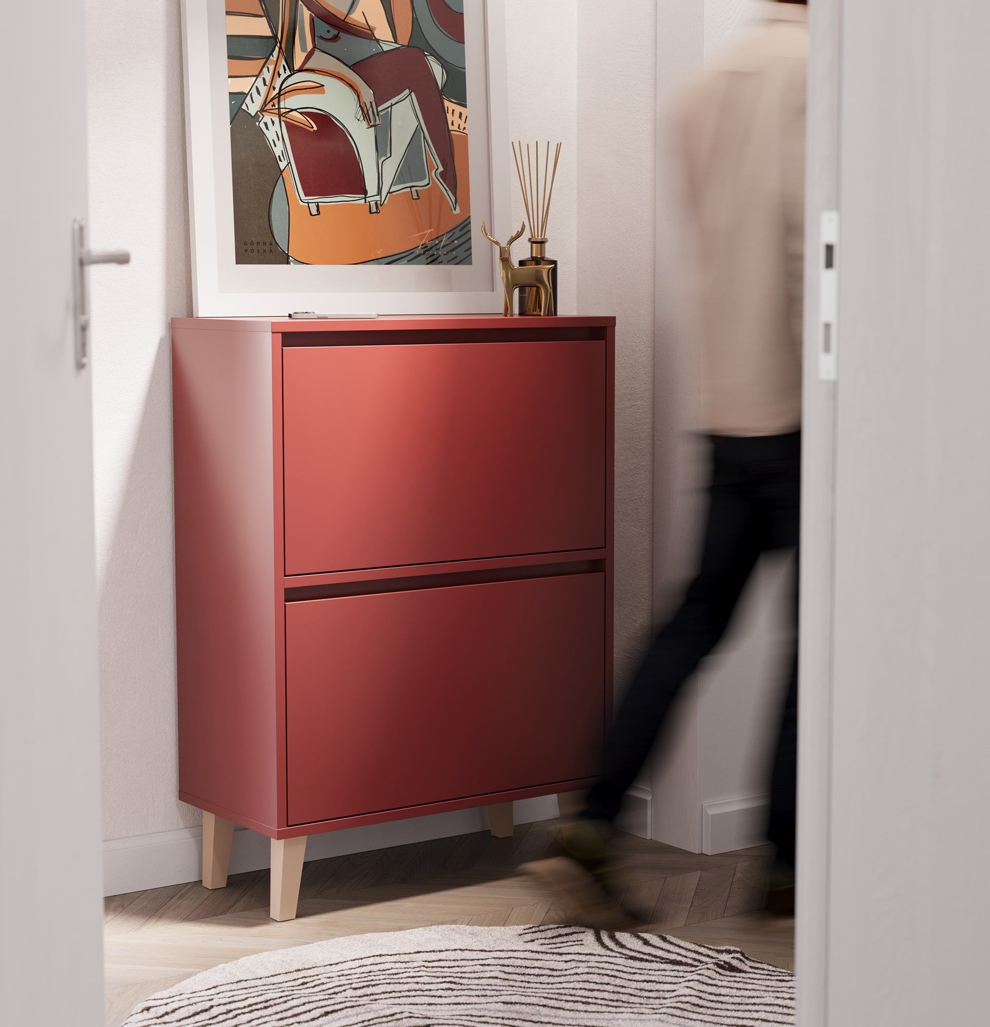 SBF4 duo FENRIS Schuhschrank
Farbe: Burgund Marseille
Bein: Trapez Buche Beige