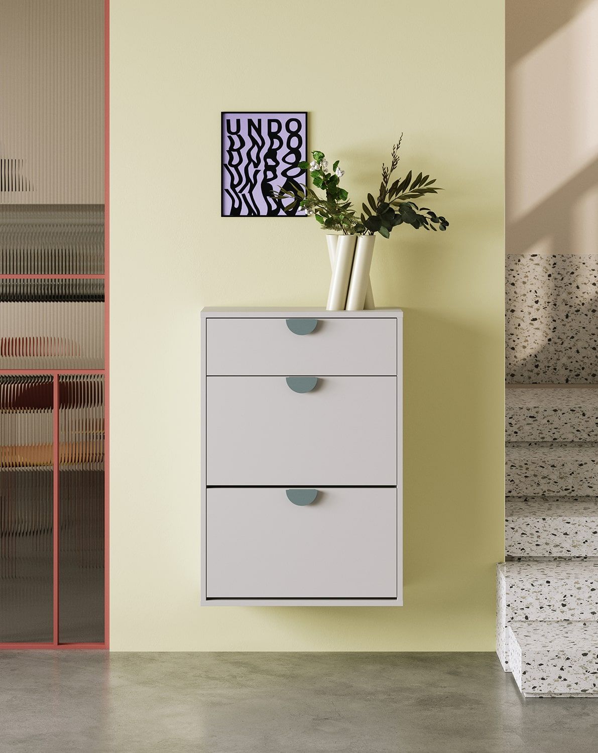 SBK4DS Hängeschuhschrank
Farbe: Silent Grey
Griff: RIND Holzgriff aus Esche