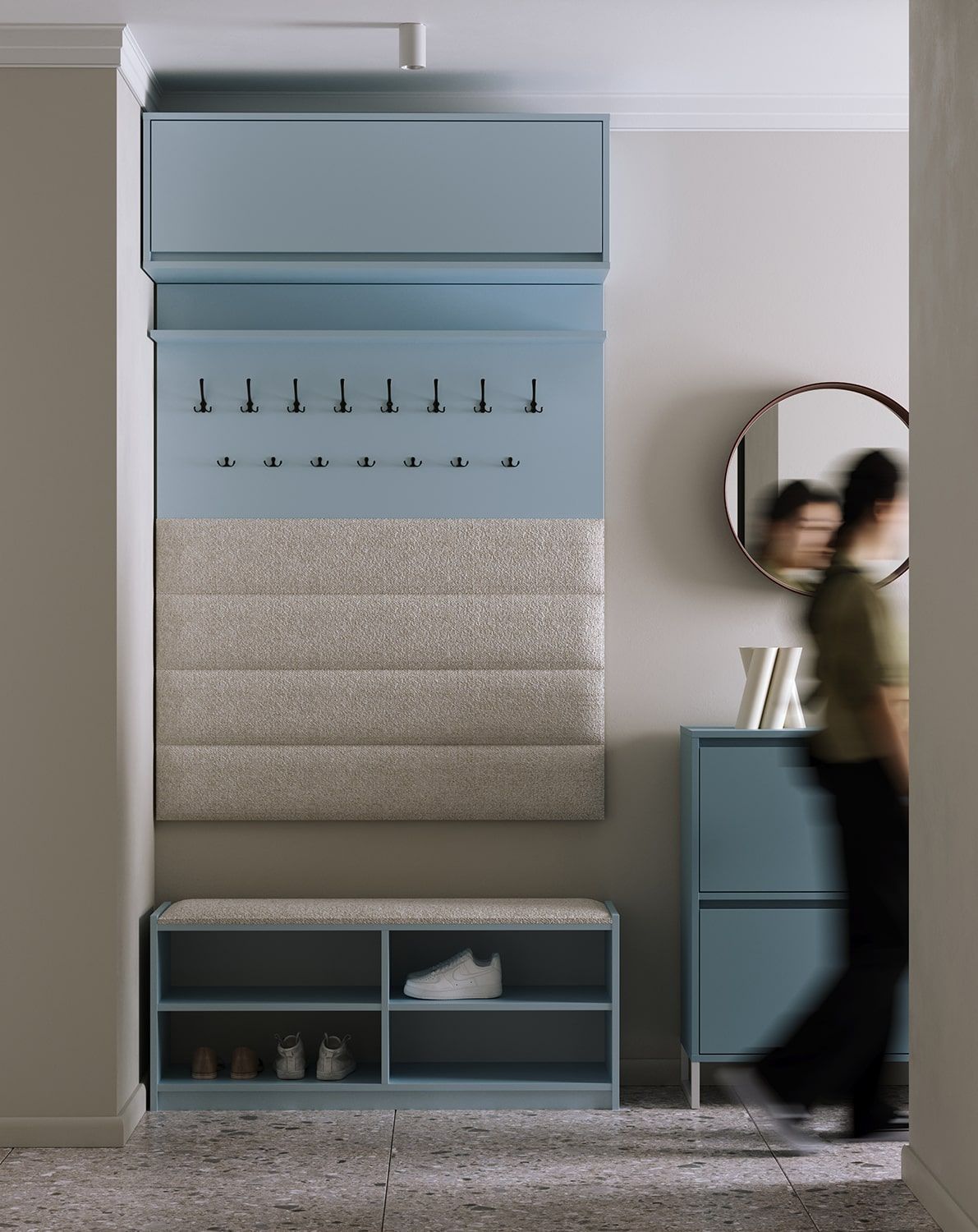 Schuhschrank SBO2 mit Sitz
Farbe: Taubenblau
Sitz: Moos 02