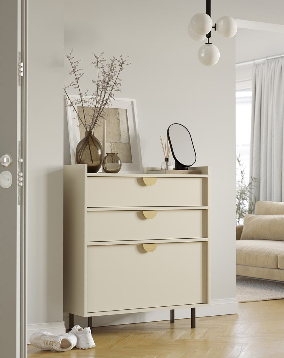 SIGI Schuhschrank mit Schublade SBG1S
Farbe: Champagner Beige
Beine: Schwarz
Griff: RIND Eichenholzgriff