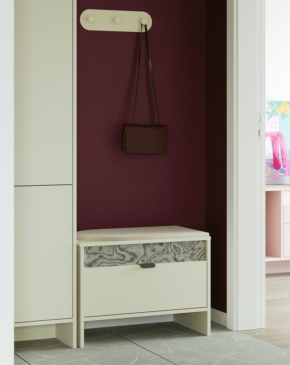 Schuhschrank mit Sitz LAYERS LAY14
Farbe: Milky Way
Zweite Schicht Frontfarbe: Sottsass Grau Furnier
Sitz: Nassau 05
Griff: LAYERS Griff 110 Deep Basalt
                            