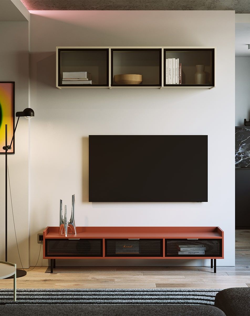 Niedrig verglaster RTV-Schrank SIGI RS3TV1
Farbe: Feuriges Terrakotta
Glas: Glattes Glas
Fuß: Schwarz
Griff: LING silber