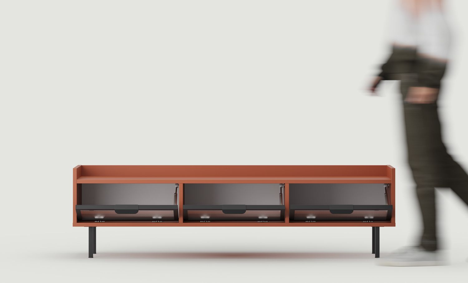 Niedrig verglaster RTV-Schrank SIGI RS3TV1
Farbe: Feuriges Terrakotta
Glas: Ornamentales Mons-Glas
Fuß: Schwarz
Griff: LAYERS 110 Schwarz