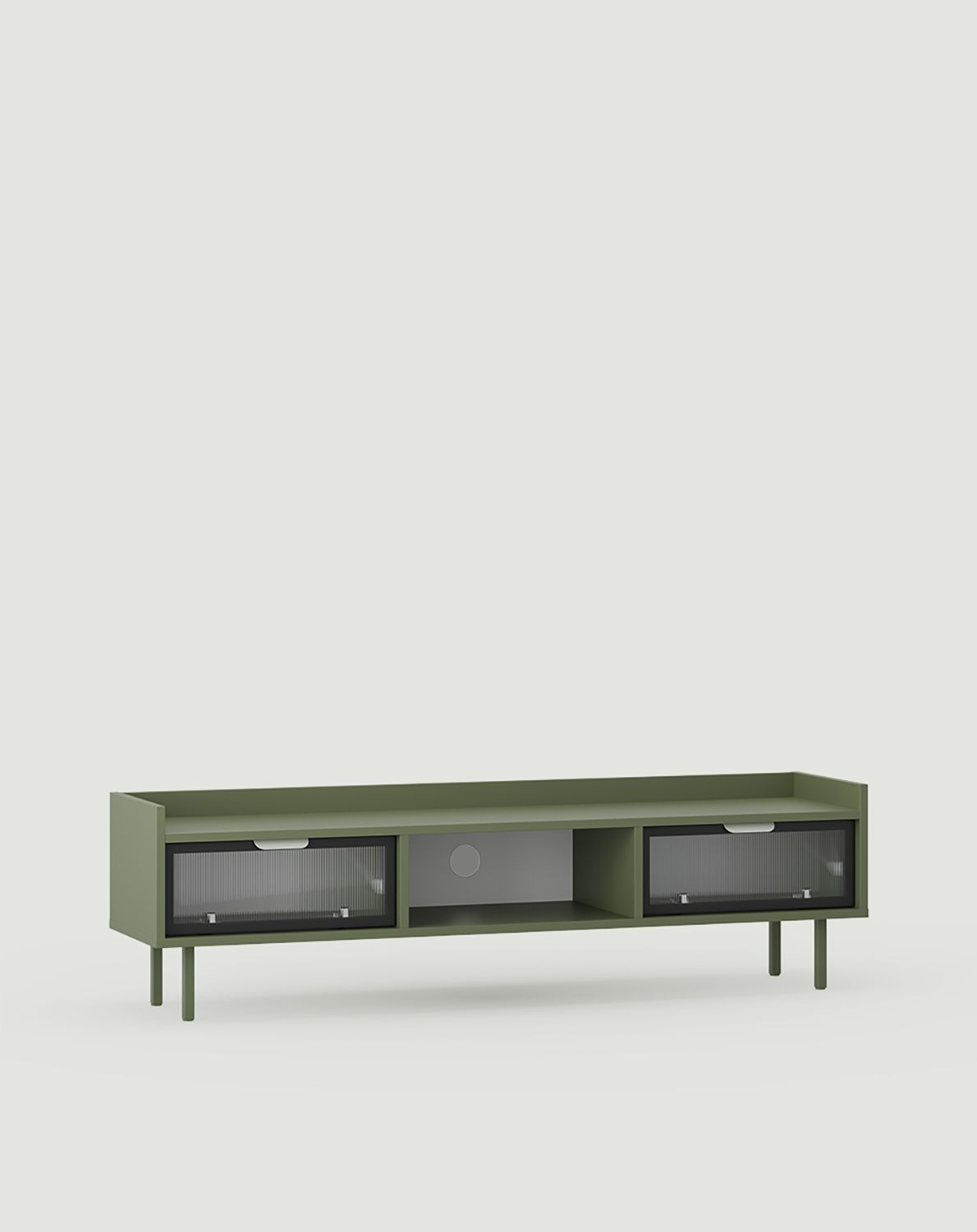 Niedrig verglaster RTV-Schrank SIGI RS3TV2
Farbe: Zypressengrün
Glas: Geriffeltes Ornamentglas
Fuß: Zypressengrün
Griff: LAYERS 110 Milch Pistaziengriff