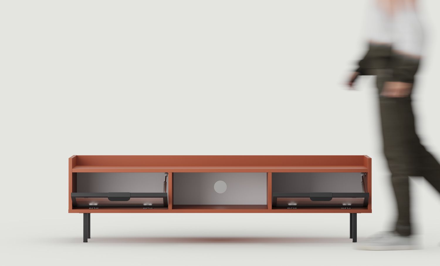 Niedrig verglaster RTV-Schrank SIGI RS3TV2
Farbe: Feuriges Terrakotta
Glas: Ornamentales Mons-Glas
Fuß: Schwarz
Griff: LAYERS 110 Schwarz