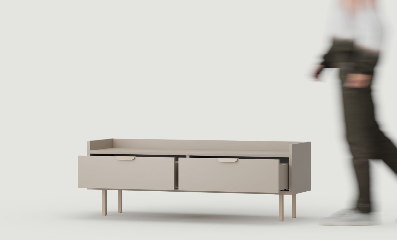 Niedriger RTV-Schrank SIGI S1TV1
Farbe: Esche Weiß Lehm
Fuß: Cappuccino
Handgriff: LAYERS 110 Cappuccino