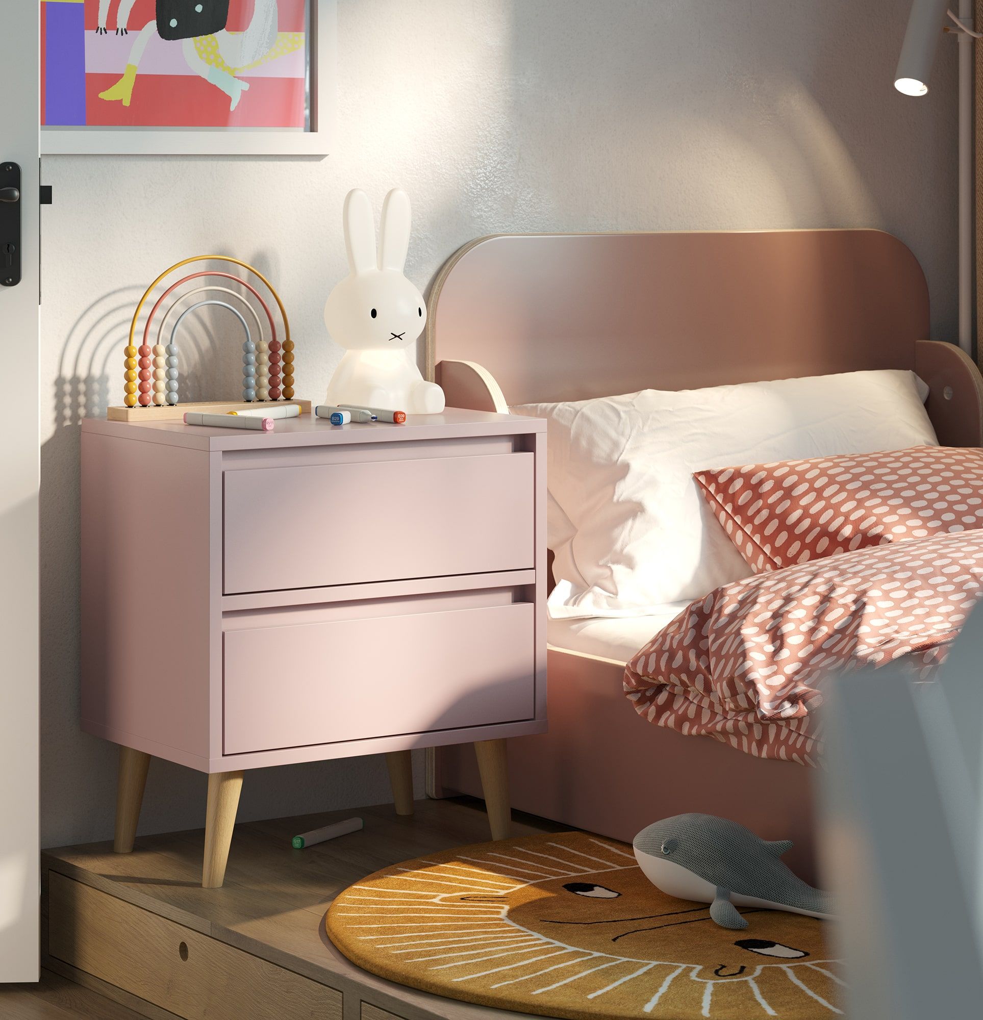 Nachttisch FENRIS SNF02
Farbe: Antique Rose
Beine: Walze Eiche geölt