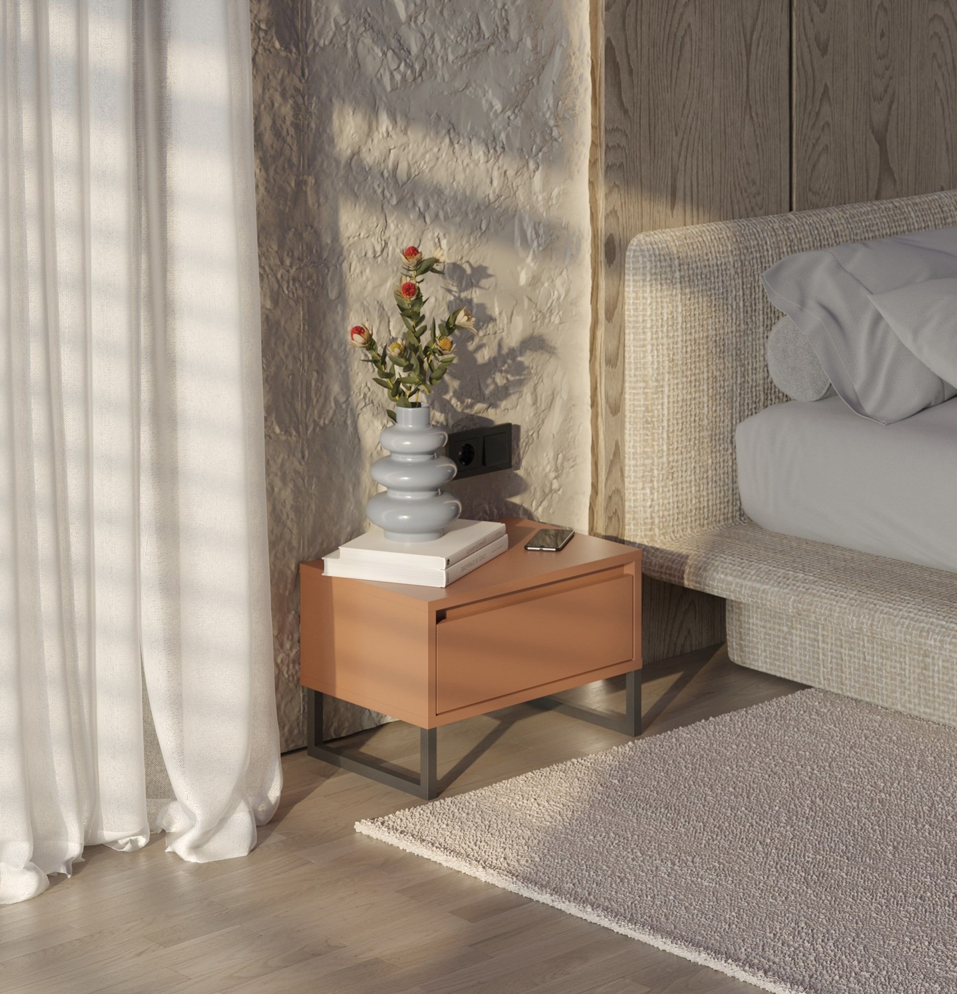 Nachttisch ODIS SN01
Farbe: Sahara Deep
Farbe der Beine: Stahl ODIS Grau