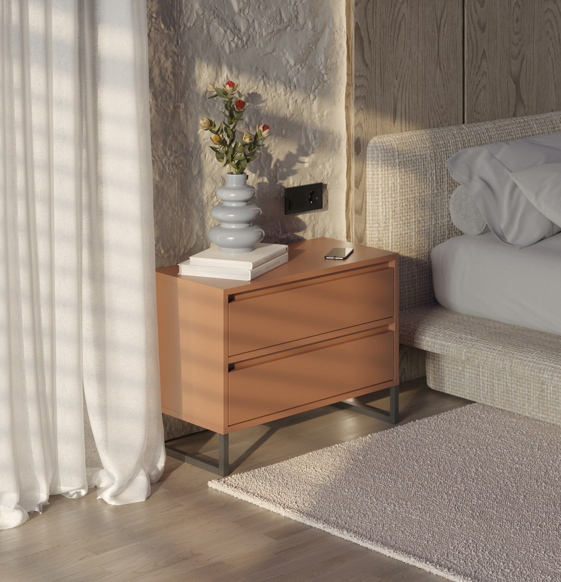 Nachttisch ODIS SN02
Farbe: Sahara Tief
Farbe der Beine: Stahl ODIS Grau