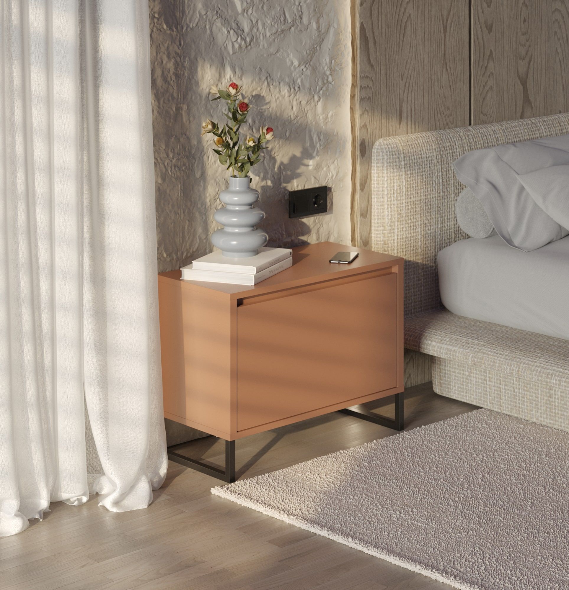 Nachttisch ODIS SN03
Farbe: Sahara Tief
Farbe der Beine: Stahl ODIS Grau