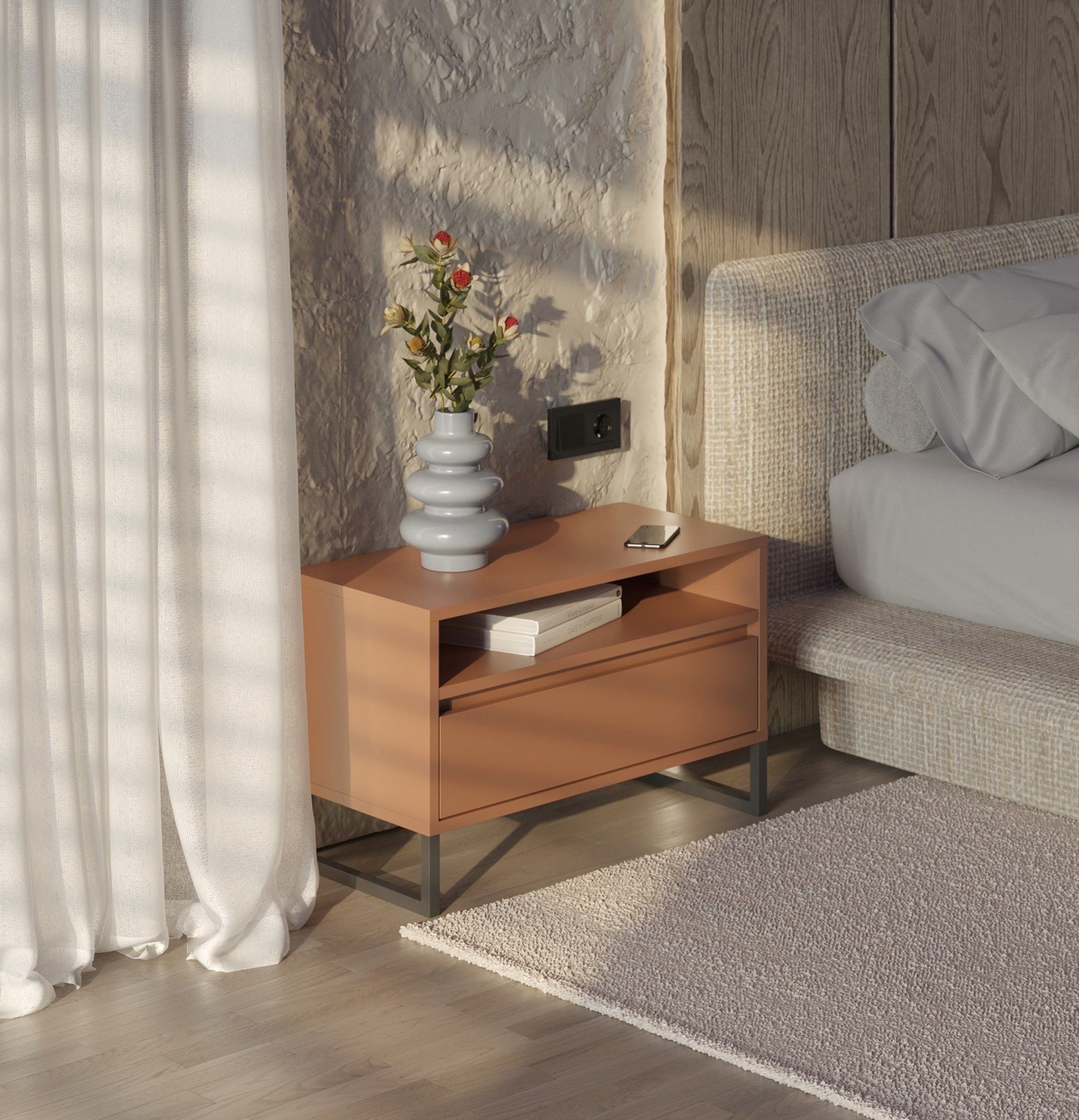 Nachttisch ODIS SN04
Farbe: Sahara Tief
Farbe der Beine: Stahl ODIS Grau