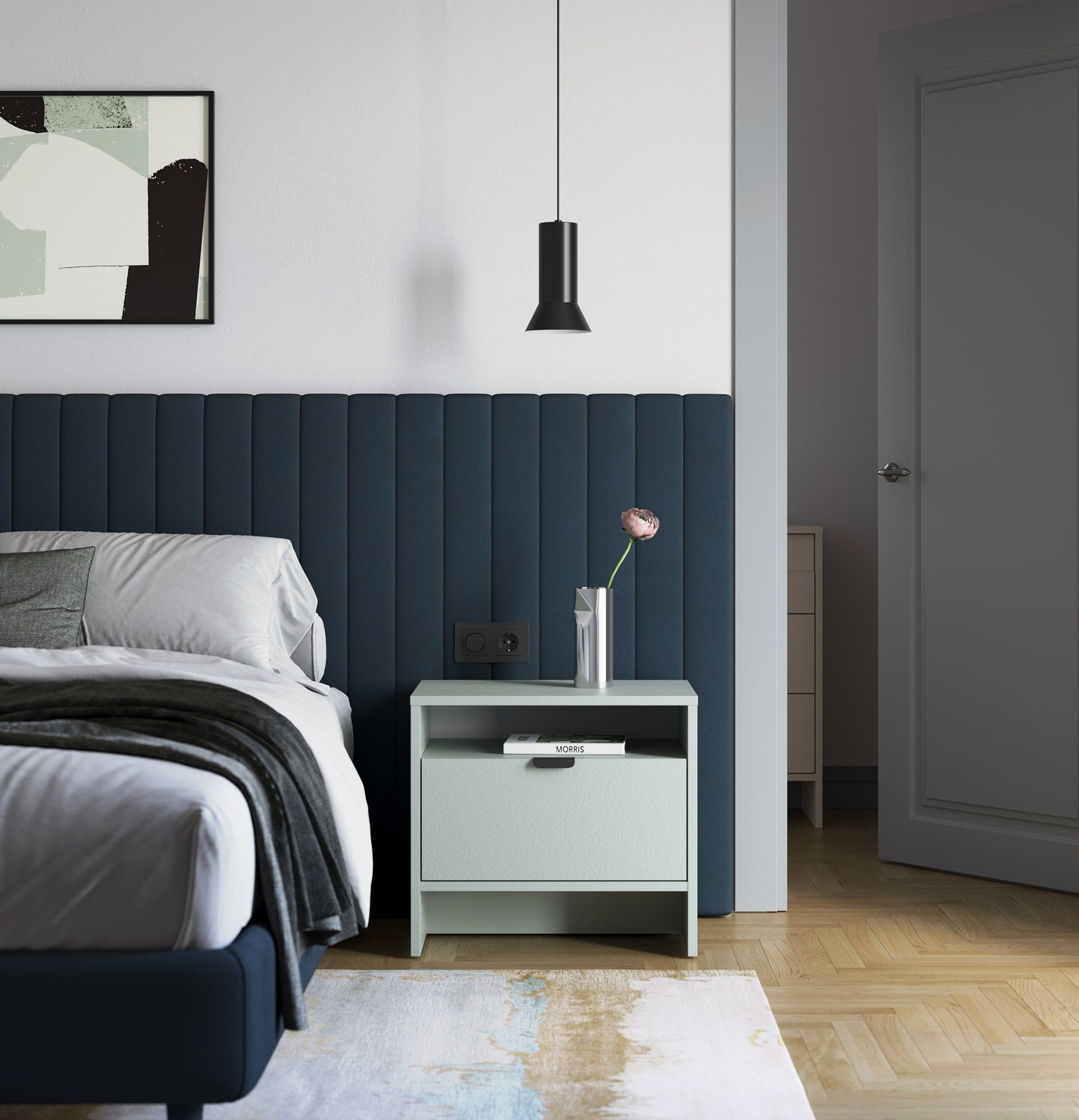 LAYERS LAY28 Nachttisch mit Nische und Schublade
Farbe: Milk Pistachio
Griff: LAYERS Griff 110 Black Onyx