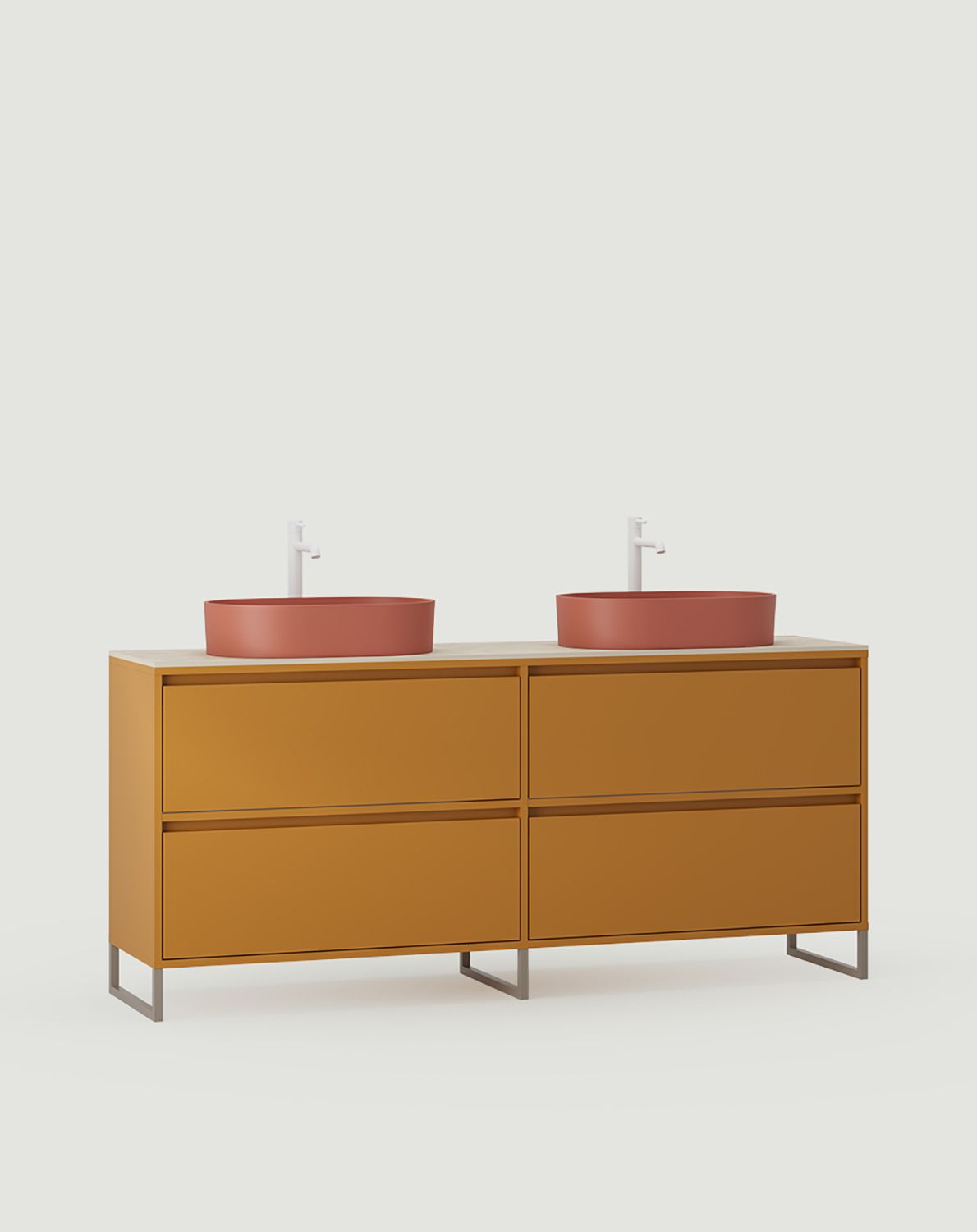 ODIS Schrank mit zwei Waschbecken OMNIRES O2U03
Farbe: Senf Vintage
Farbe der Beine: ODIS Steel Grey Beige
Waschbecken: OVO M+ Koralle OMNIRES
Wasserhahn: Tall Y Weiß Matt OMNIRES
Arbeitsplatte: White Crystal Sinter