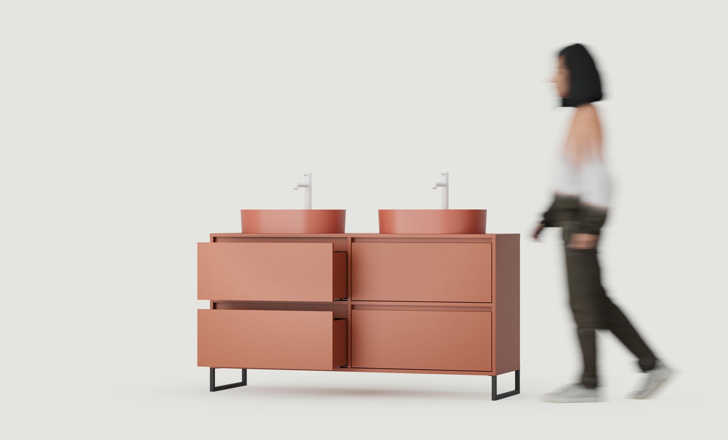 ODIS Schrank mit zwei Waschbecken OMNIRES O2U03
Farbe: Feuriges Terrakotta
Farbe der Beine: ODIS Steel Black
Waschbecken: OVO M+ Terracotta OMNIRES
Wasserhahn: Tall Y Weiß OMNIRES
Tischplatte: Ohne Tischplatte