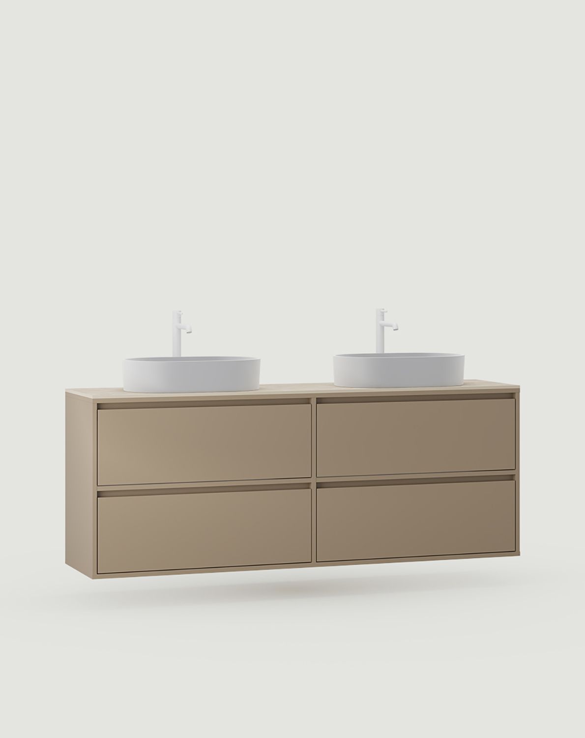 ODIS Schrank mit zwei Waschbecken OMNIRES wandmontiert WO2U03
Farbe: Cappuccino
Waschbecken: OVO M+ Weiß glänzend OMNIRES
Wasserhahn: Tall Y Weiß Matt OMNIRES
Arbeitsplatte: White Crystal Sinter
                            