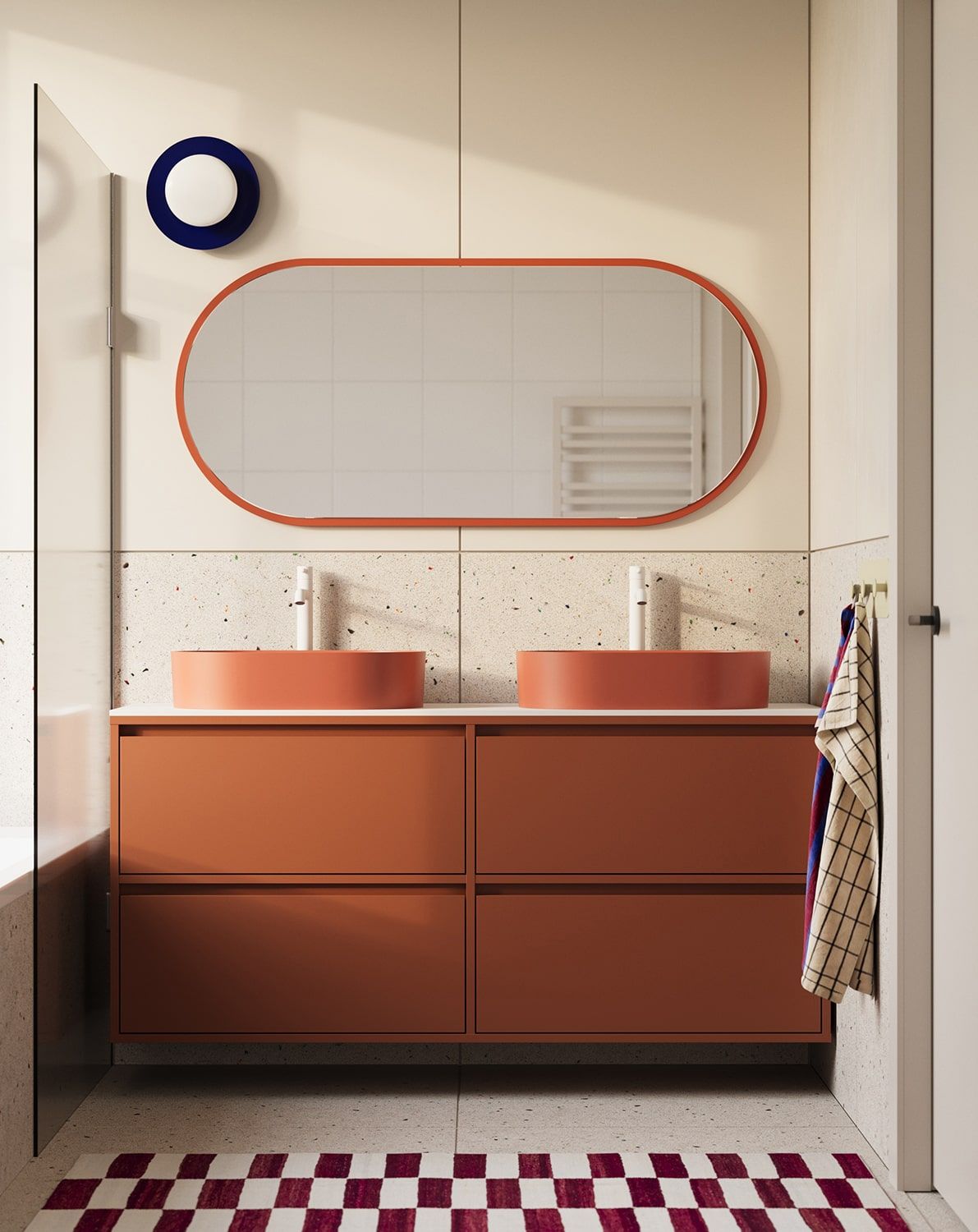 ODIS Schrank mit zwei Waschbecken OMNIRES wandmontiert WO2U03
Farbe: Feuriges Terrakotta
Waschbecken: OVO M+ Koralle OMNIRES
Wasserhahn: Tall Y Weiß Matt OMNIRES
Arbeitsplatte: White Crystal Sinter