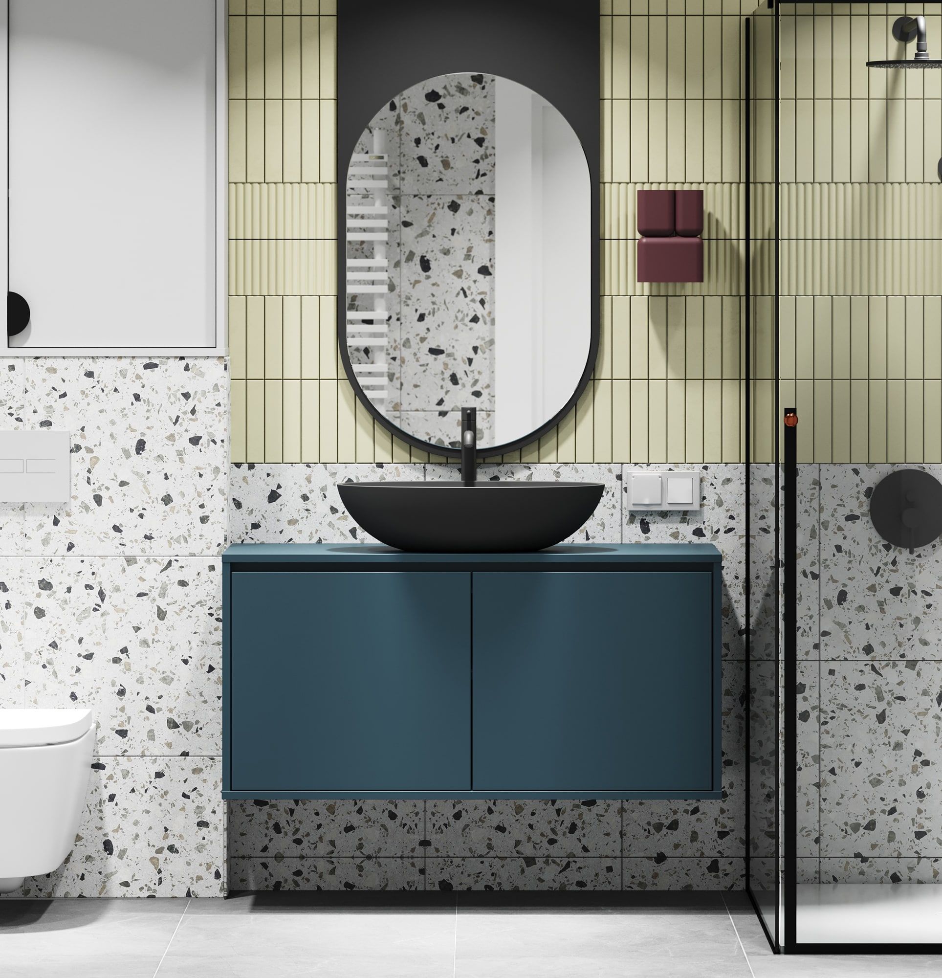 ODIS Schrank mit Waschbecken OMNIRES wandmontiert WOU01
Farbe: Night Sailing
Waschtisch: Shell M+ Black Mat OMNIRES
Wasserhahn: Tall Y Schwarz OMNIRES
Arbeitsplatte: Ohne Arbeitsplatte
