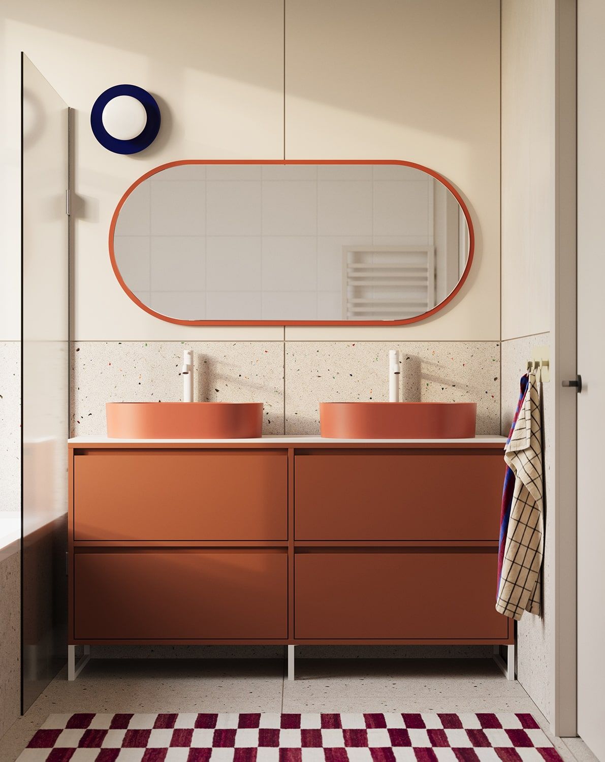 Unterschrank für zwei Waschbecken ODIS O2U03B
Farbe: Fiery Terracotta
Farbe der Beine: ODIS Steel White
Waschbecken: OVO M+ Koralle OMNIRES
Wasserhahn: Tall Y Weiß Matt OMNIRES
Arbeitsplatte: White Crystal Sinter