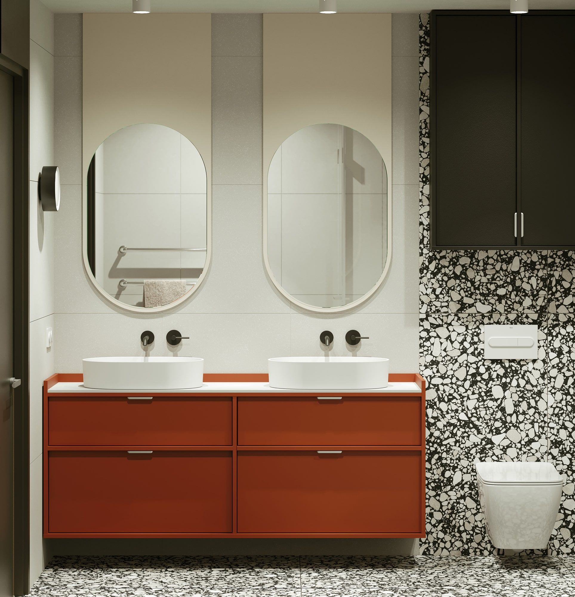SIGI Doppel-Waschtisch-Wandschrank WS2U03B
Farbe: Fiery Terracotta
Griff: LING silber
Waschtisch: OVO M+ Weiß glänzend OMNIRES
Tischplatte: White Crystal