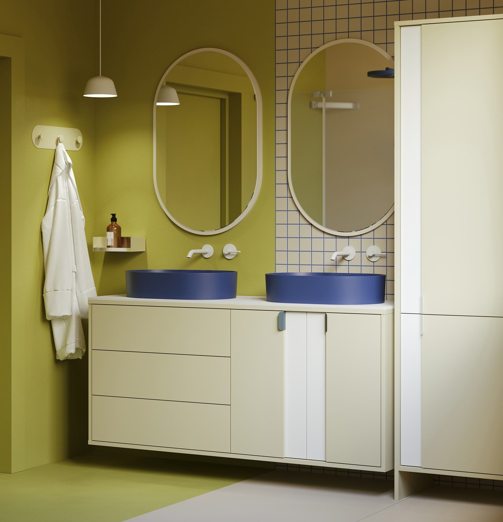 LAYERS LAY77 Doppelwaschtisch-Wandschrank
Farbe: Milky Way
Farbe der Front: Porzellanweiß
Griff: LAYERS 110 Night Sailing Griff
Waschtisch: OVO M+ Midnight Blue OMNIRES
Arbeitsplatte: White Crystal Sinter