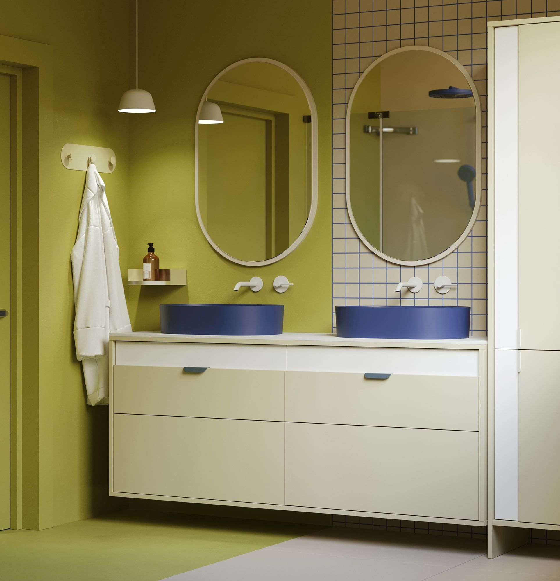 LAYERS LAY73 Doppelwaschtisch-Wandschrank mit Schubladen
Farbe: Milky Way
Farbe der Front: Porzellanweiß
Griff: LAYERS 110 Night Sailing Griff
Waschtisch: OVO M+ Midnight Blue OMNIRES
Arbeitsplatte: White Crystal Sinter
