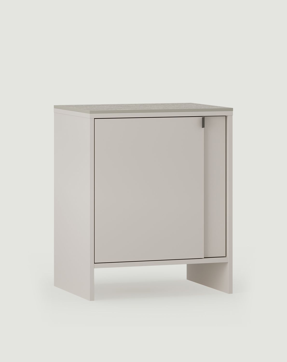 LAYERS LAY64 stehender Waschtischschrank
Farbe: Woolly Cashmere
Farbe der Frontplatte: Wrapping Cashmere
Griff: LAYERS 110 Schwarzer Onyx
Tischplatte: Grau gesinterter Terrazzo
                            