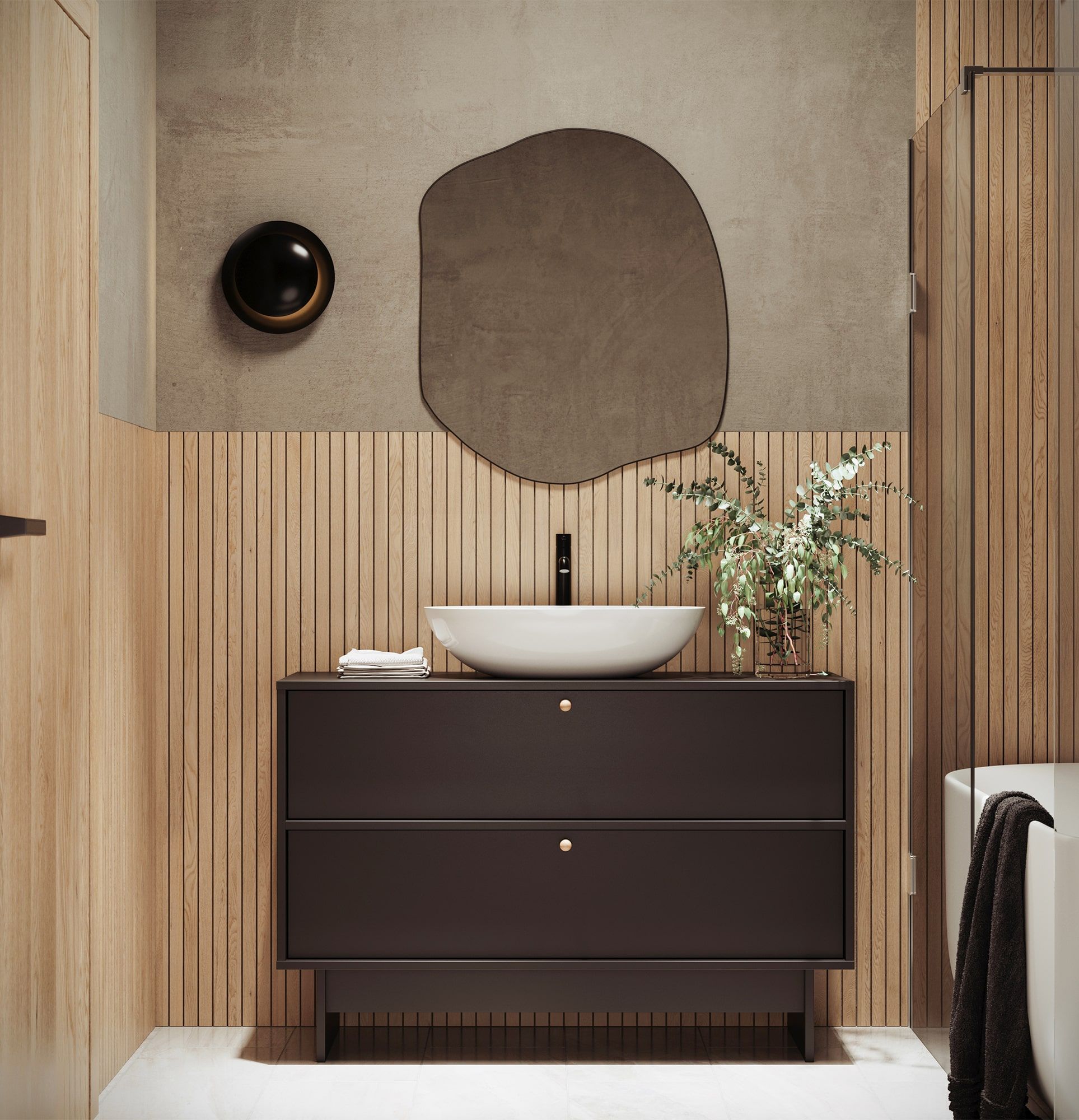 KABE KU02B Waschtischschrank im JAPANDI-Stil
Farbe: Schwarzer Onyx
Griff: KD Kugelgriff aus Holz
Waschbecken: Shell M+ Weiß glänzend OMNIRES
Wasserhahn: Tall Y Schwarz OMNIRES