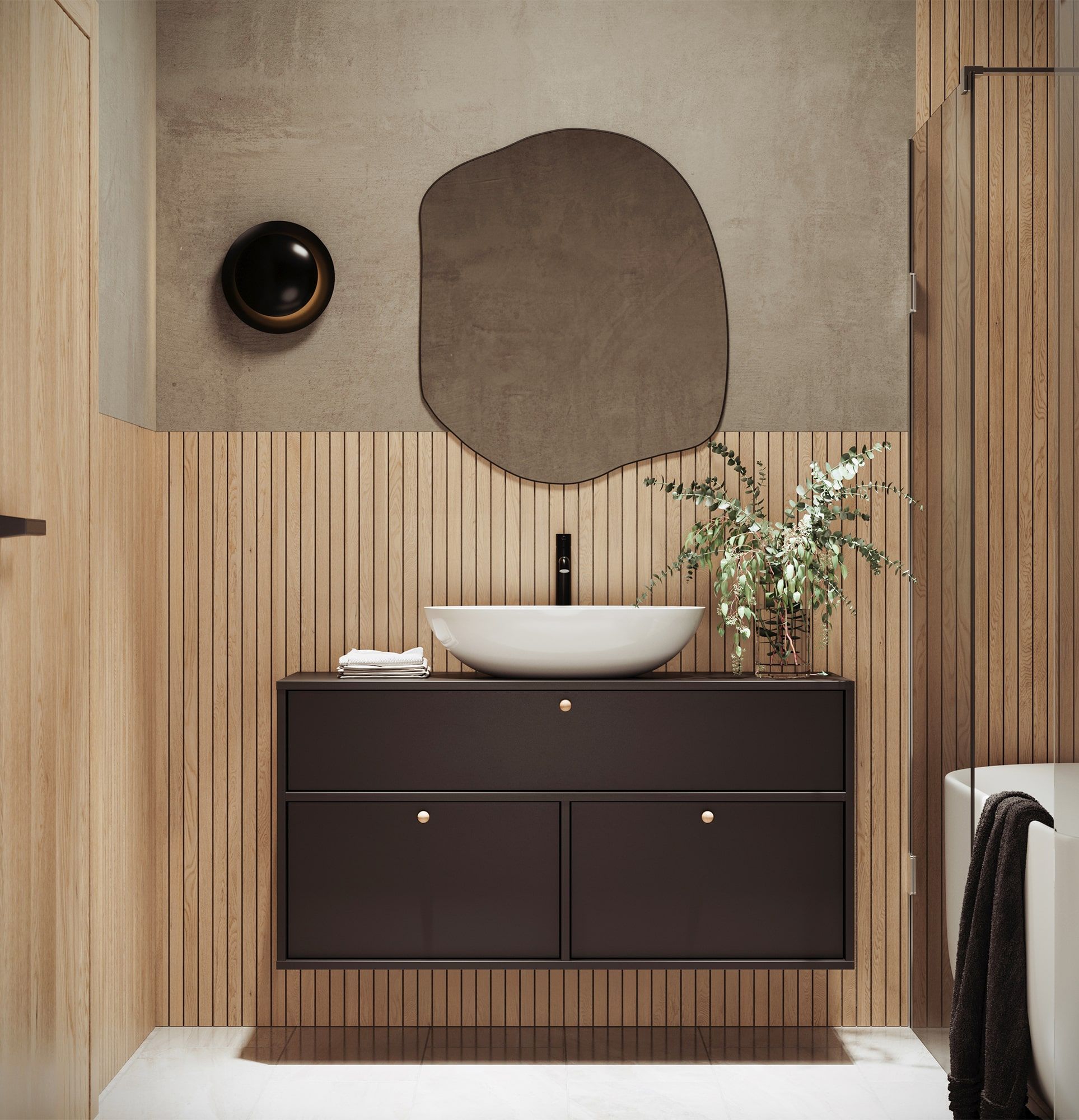 KABE-Waschtischschrank WKU01B im JAPANDI-Stil für die Wandmontage
Farbe: Schwarz Onyx
Griff: KD Kugelgriff aus Holz
Becken: Shell M+ Weiß glänzend OMNIRES
Wasserhahn: Tall Y Schwarz OMNIRES