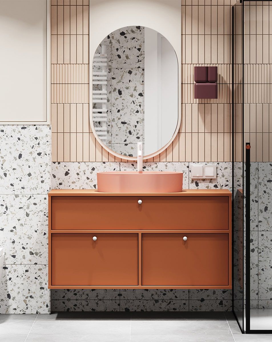 KABE-Waschtischunterschrank WKU01B wandhängend im JAPANDI-Stil
Farbe: Feuriges Terrakotta
Griff: Weißer KD-Kugelgriff
Waschbecken: OVO M+ Koralle OMNIRES
Wasserhahn: Tall Y Weiß OMNIRES