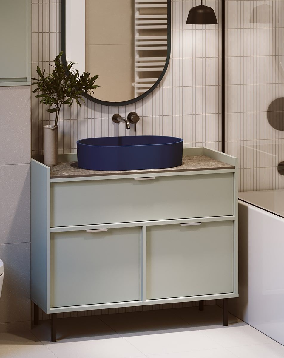 Waschtischunterschrank SIGI SU01B
Farbe: Milk Pistachio
Bein: Schwarz
Griff: LING silber
Waschtisch: OVO M+ Mitternachtsblau OMNIRES
Tischplatte: Grauer Terrazzo