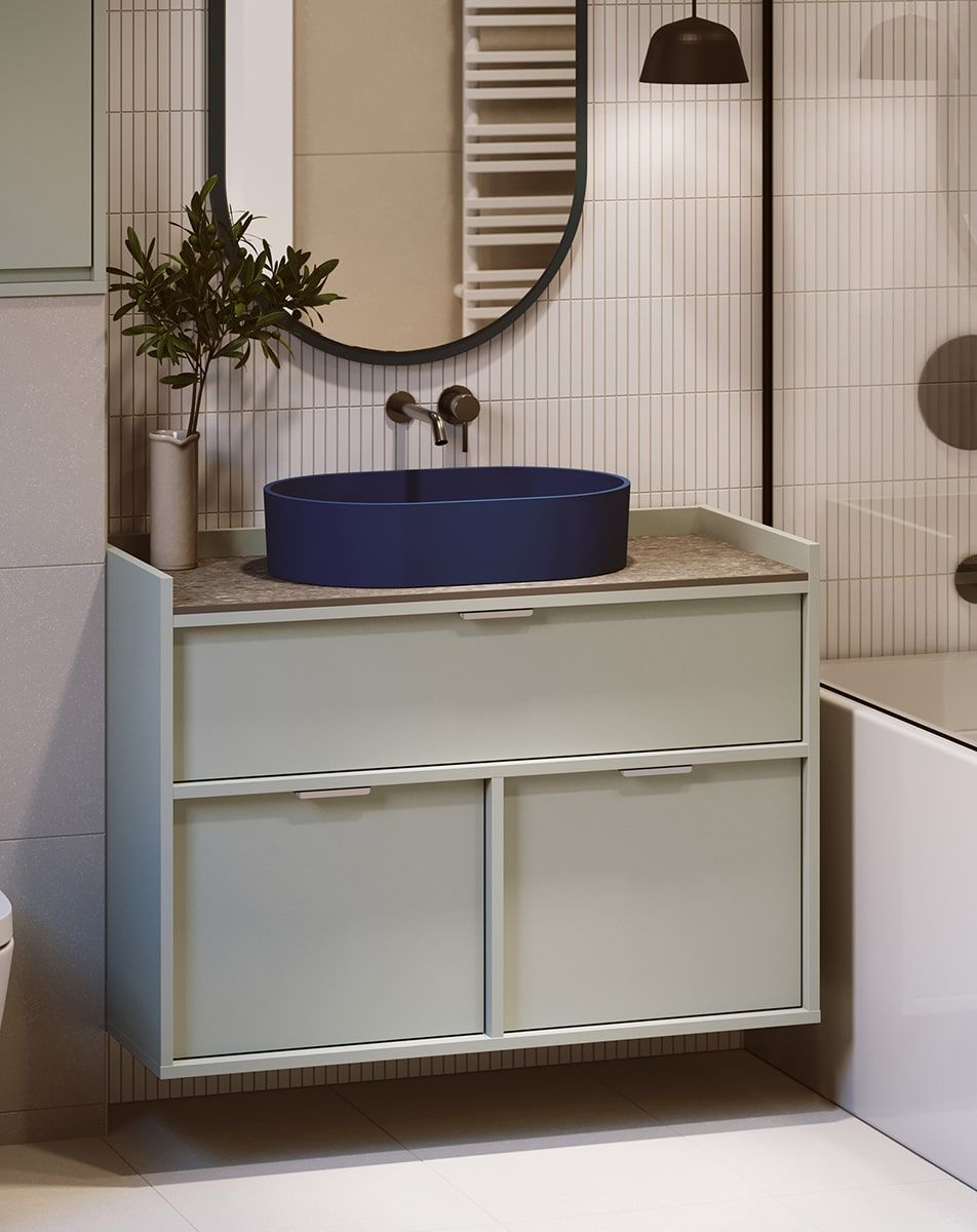 Waschtischunterschrank SIGI wandhängend WSU01B
Farbe: Milk Pistachio
Griff: LING silber
Waschtisch: OVO M+ Mitternachtsblau OMNIRES
Tischplatte: Grauer Terrazzo