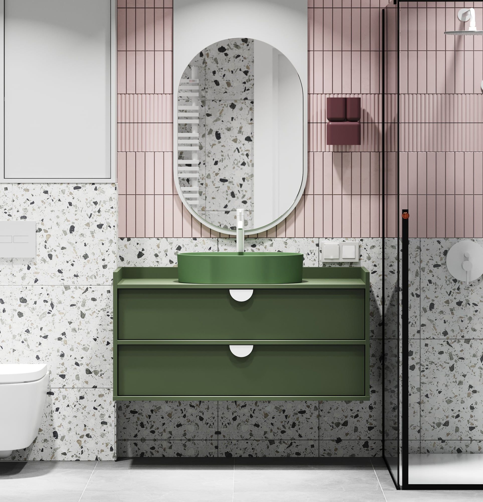 Waschtischschrank SIGI wandhängend WSU02B
Farbe: Zypressengrün
Griff: RIND Holzgriff
Waschbecken: OVO M+ Olive OMNIRES
Wasserhahn: Tall Y Weiß Matt OMNIRES