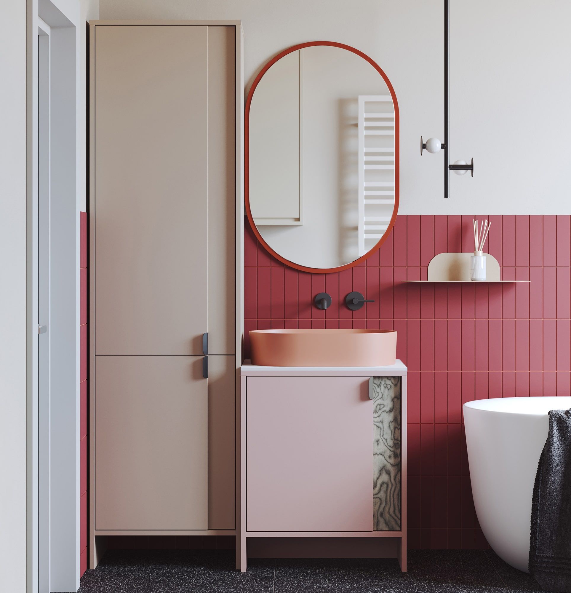 LAYERS stehender Waschtisch LAY64
Farbe: Antique Rose
Farbe der Front der zweiten Ebene: Sottsass-Furnier Grau
Griff: LAYERS Griff 110 Deep Basalt
Waschtisch: OVO M+ Koralle OMNIRES
Arbeitsplatte: White Crystal Sinter