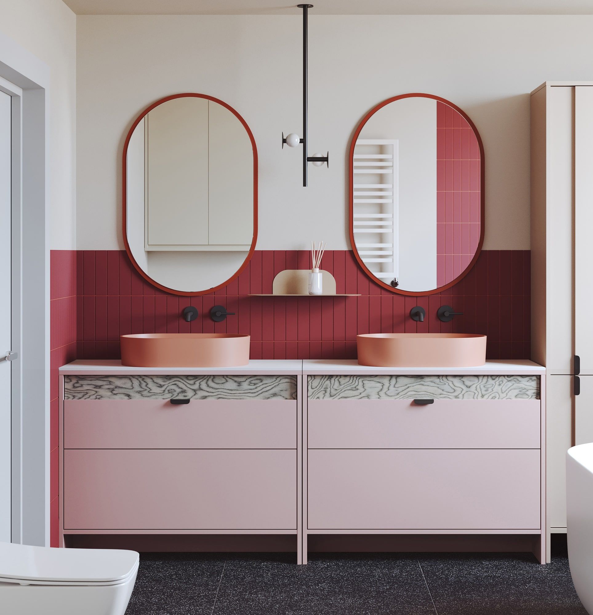 Waschtischschrank mit Schubladen LAYERS LAY65
Farbe: Altrosa
Zweite Schicht Frontfarbe: Sottsass Grau Furnier
Griff: LAYERS 110 Schwarz Onyx
Waschtisch: OVO M+ Koralle OMNIRES
Arbeitsplatte: White Crystal Sinter