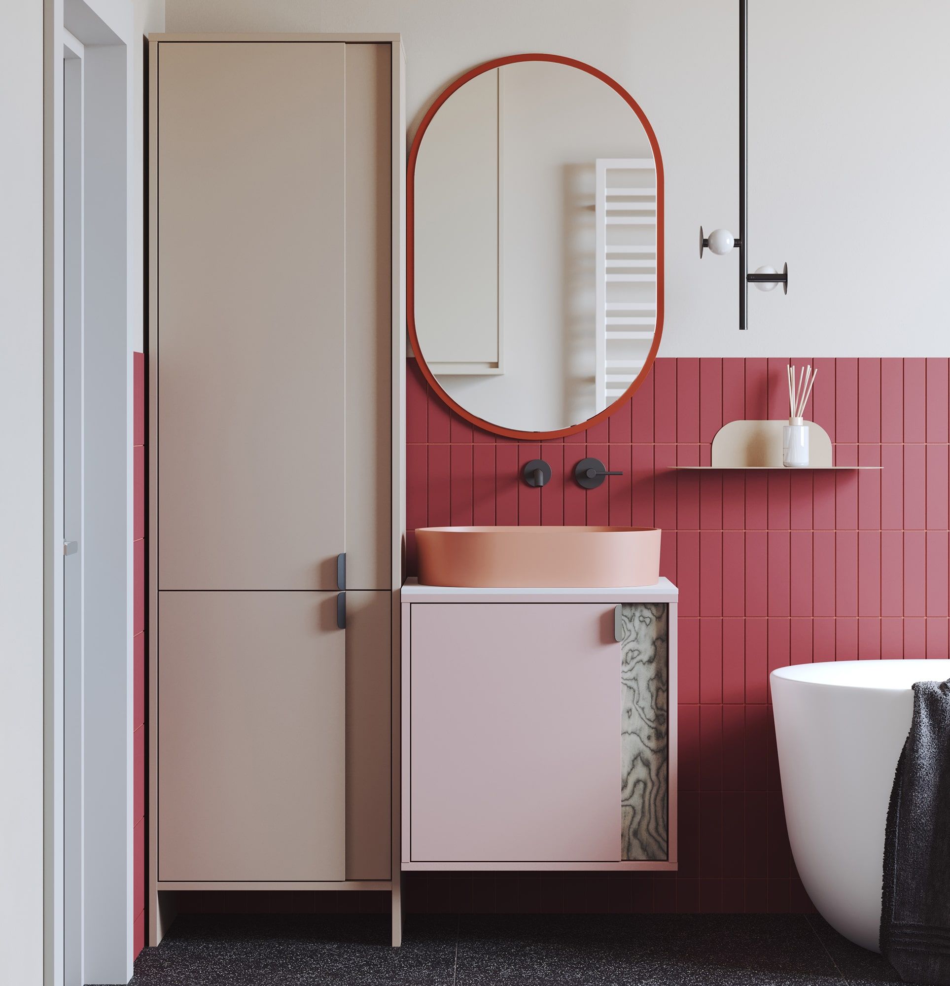 LAYERS wandhängender Waschbeckenschrank LAY66
Farbe: Altrosa
Farbe der zweiten Schicht der Front: Sottsass Grau Furnier
Griff: LAYERS Griff 110 Deep Basalt
Waschtisch: OVO M+ Coral OMNIRES
Arbeitsplatte: White Crystal Sinter