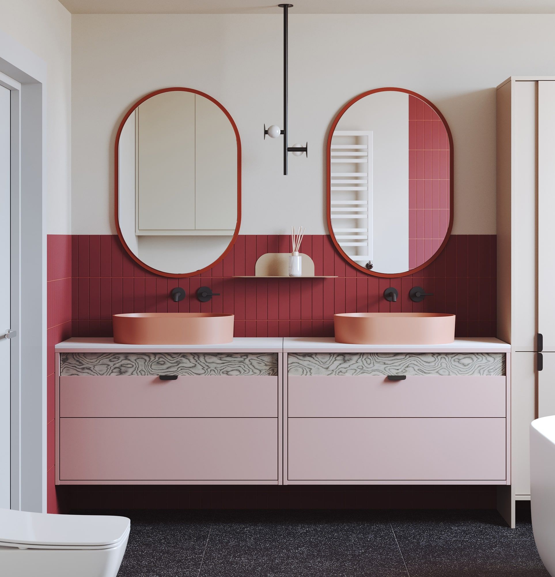 Waschbeckenschrank mit Schubladen LAYERS LAY67
Farbe: Altrosa
Farbe der zweiten Schicht der Front: Sottsass Grau Furnier
Griff: LAYERS Griff 110 Deep Basalt
Waschtisch: OVO M+ Koralle OMNIRES
Arbeitsplatte: White Crystal Sinter