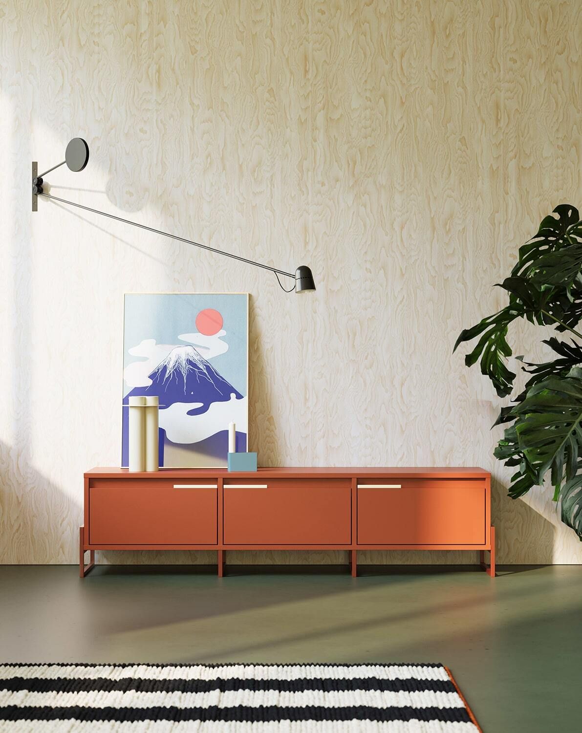 INEA RTV-Schrank IN3
Farbe: Feuriges Terrakotta
Farbe der Griffe:  Milky Way Stahl
Farbe der Beine: Inea Steel Fiery Terracotta