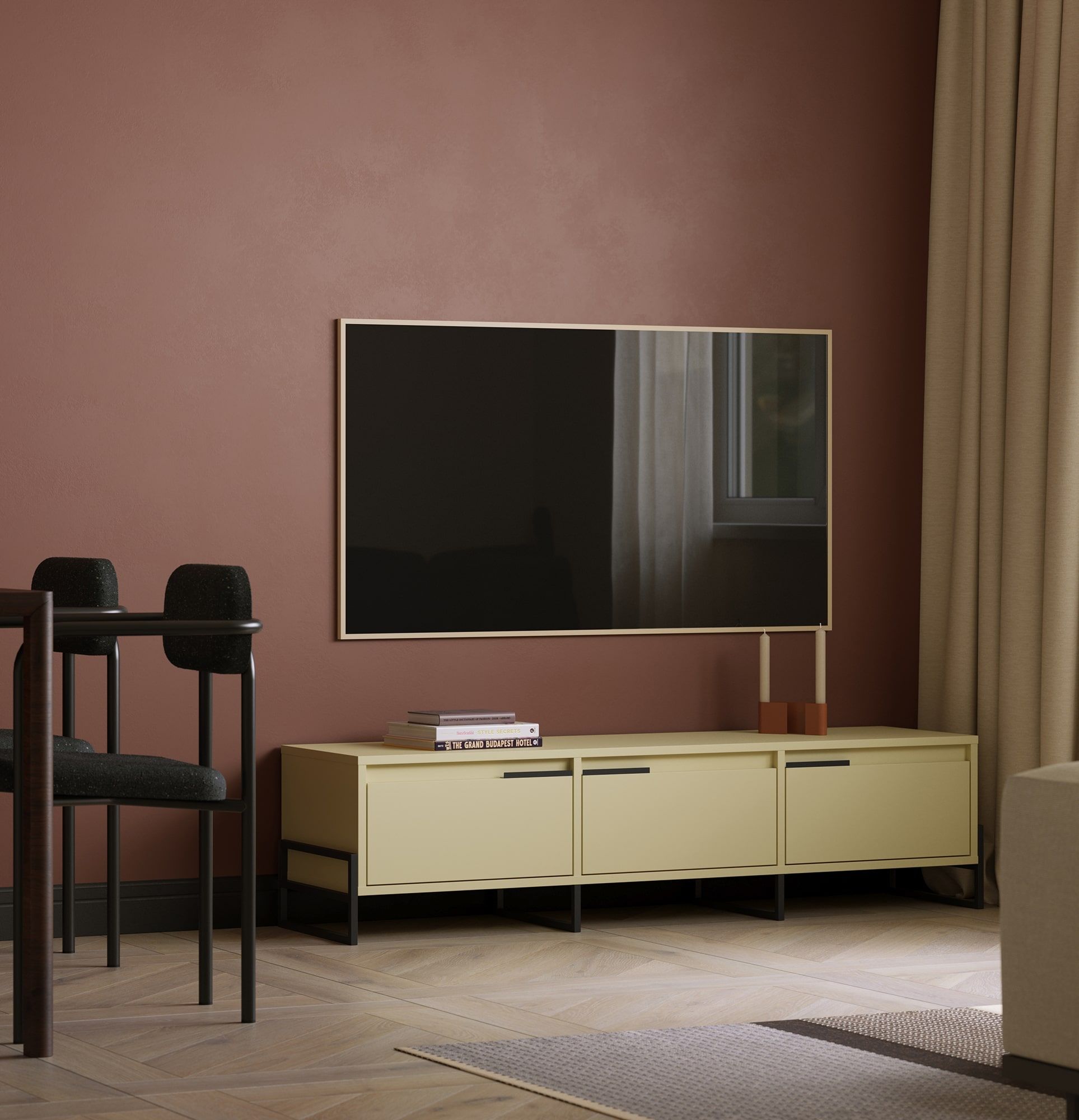 INEA RTV-Schrank IN3
Farbe: Milky Way
Farbe der Beine und Griffe: Stahl Inea Schwarz