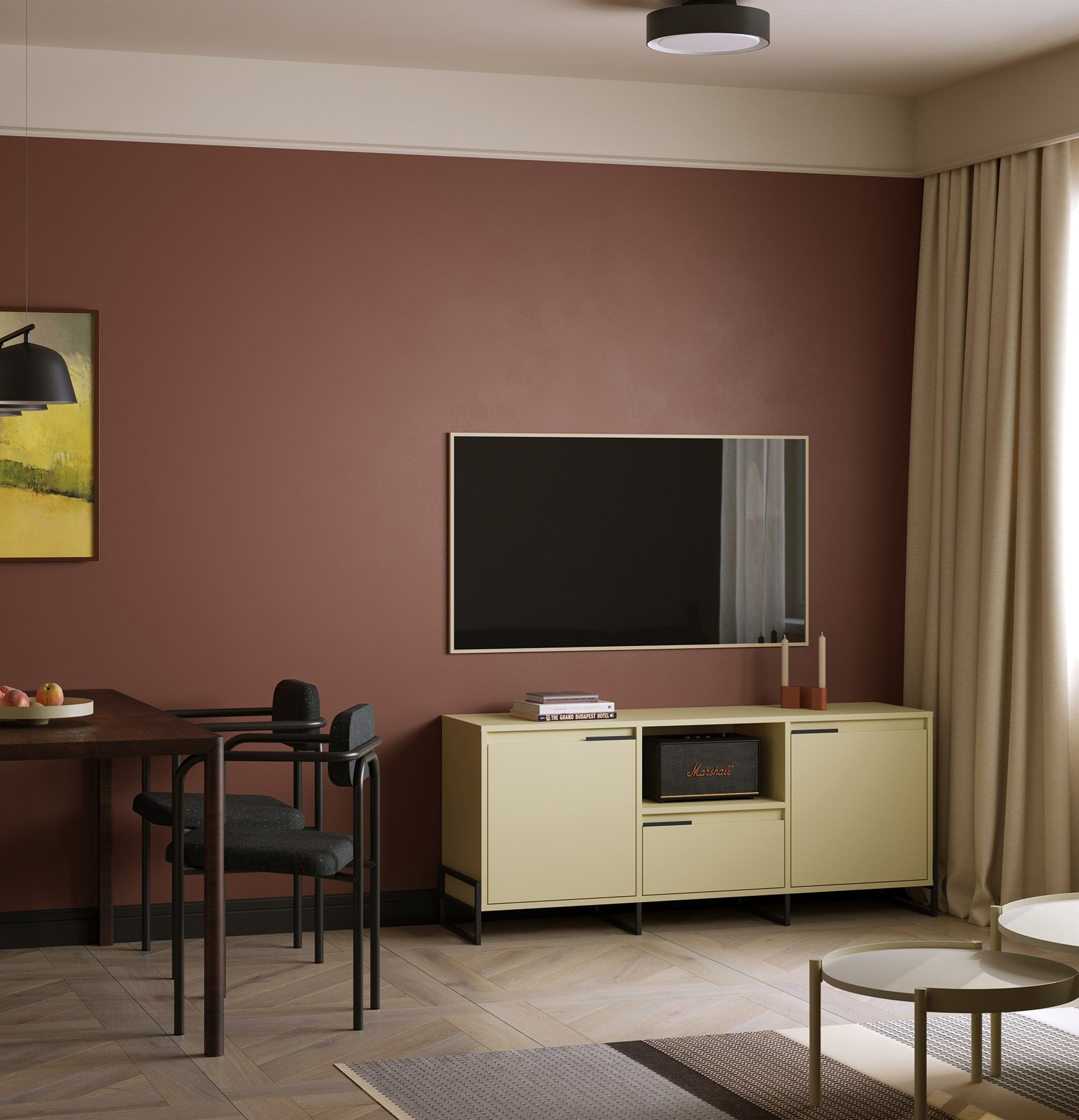 INEA RTV-Schrank ITV3
Farbe: Milky Way
Farbe der Beine und Griffe: Stahl Inea Schwarz