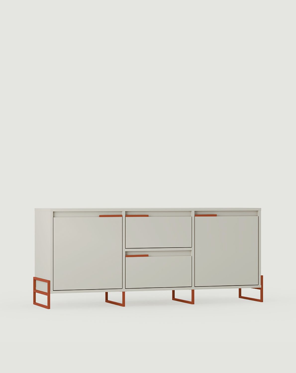INEA RTV-Schrank ITV3S
Möbelfarbe: Milky Way
Farbe der Griffe: Stahl Feurig Terracotta
Farbe der Beine: Stahl Inea Flame Terracotta
                            