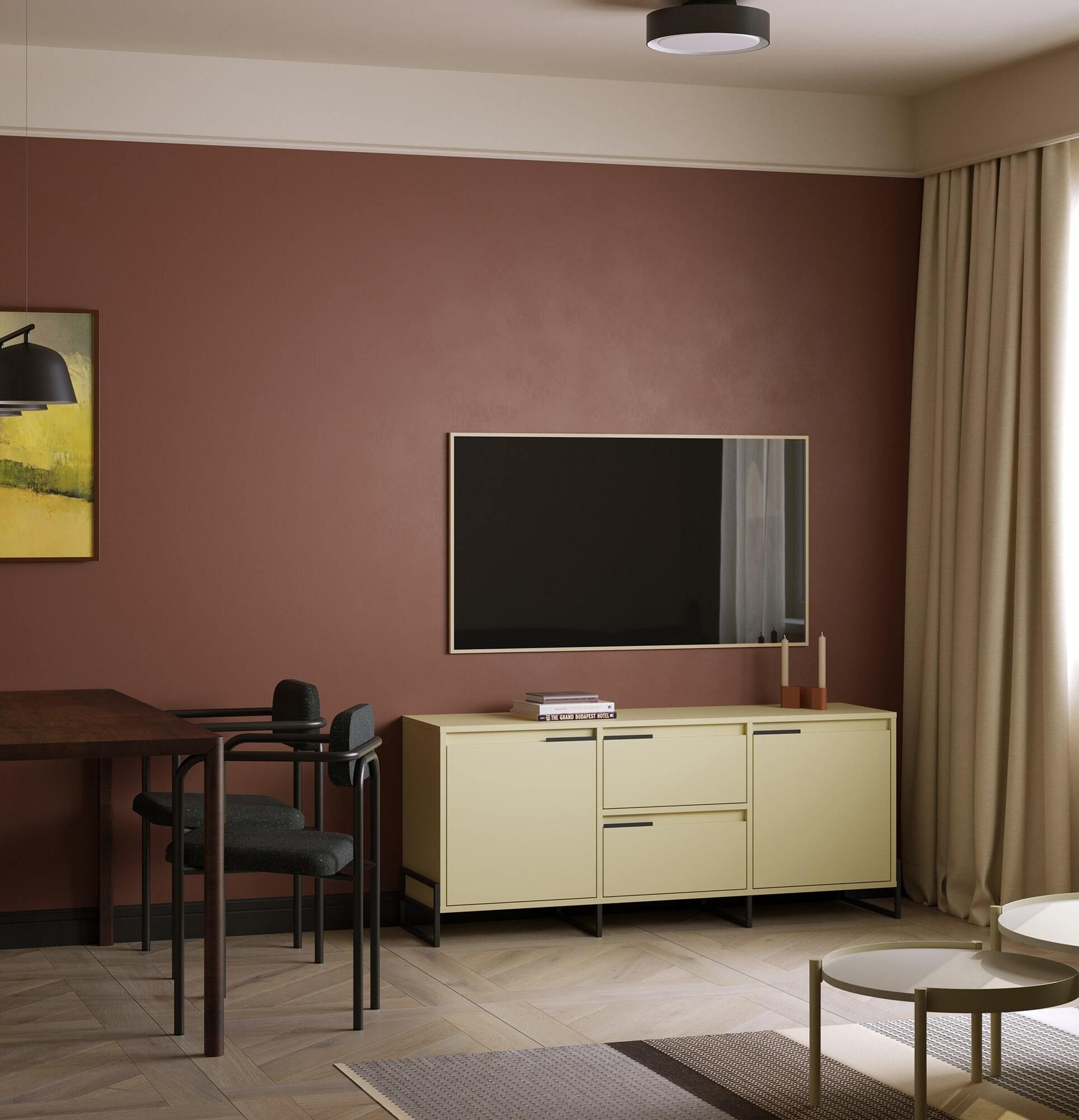INEA RTV-Schrank ITV3S
Farbe: Milky Way
Farbe der Beine und Griffe: Stahl Inea Schwarz