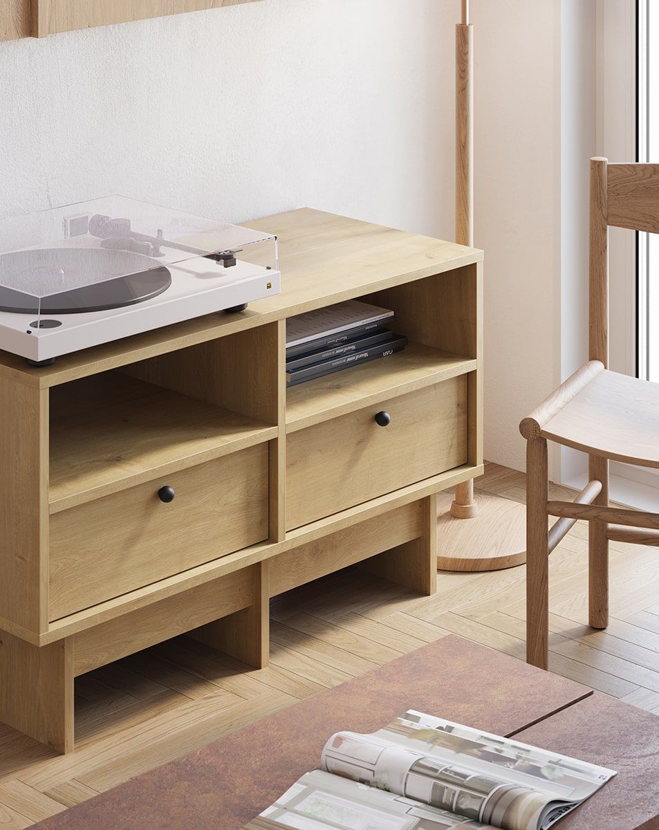 KABE KTV1S RTV-Schrank im JAPANI-Stil
Farbe: Hamilton Eiche
Griff: Kugelgriff Schwarz KD